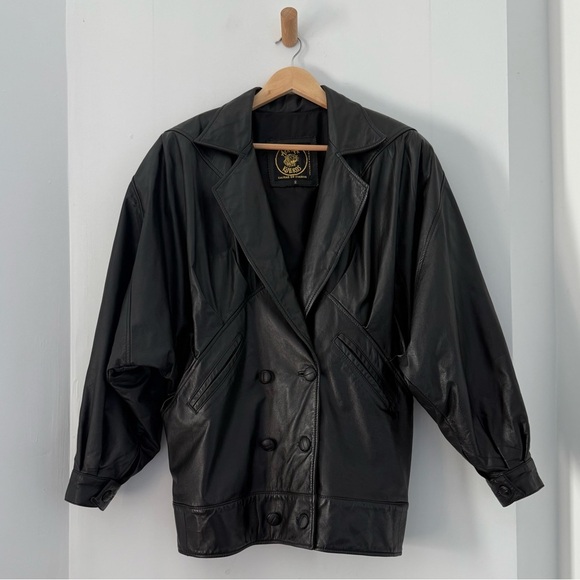 Vintage black leather oversized double breasted jacket - size 2 (Small) - Picture 2 of 6